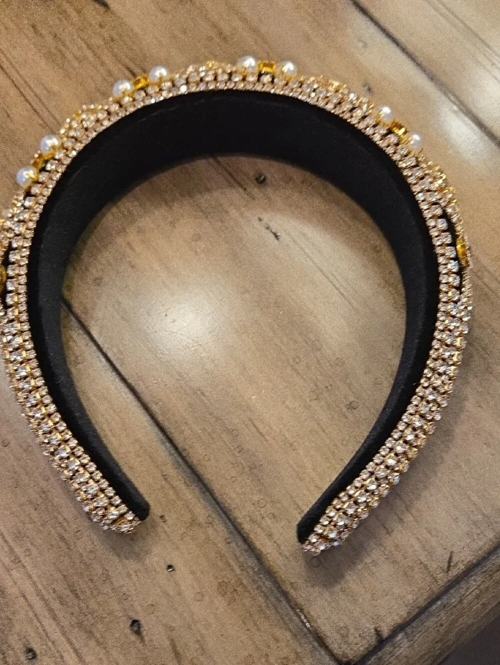 Gold Crown Crystal & Pearl Embellished Blk Velvet Headband fr: Lux Boutique